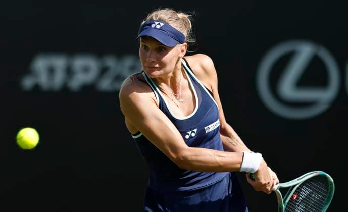 26th June 2025; Devonshire Park, Eastbourne, East Sussex, England; Lexus International Eastbourne, Day 4; Dayana Tastremska (UKR) plays a backhand shot against Alexandra Eala (PHI)  ActionPlus12805743 HongboxChen