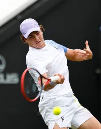 26th June 2025; Devonshire Park, Eastbourne, East Sussex, England; Lexus International Eastbourne, Day 4; Joao Fonseca (BRA) plays a forehand shot against Taylor Fritz (USA)  ActionPlus12805712 HongboxChen