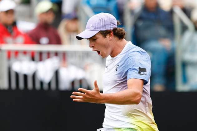 26th June 2025; Devonshire Park, Eastbourne, East Sussex, England; Lexus International Eastbourne, Day 4; Joao Fonseca (BRA) shows emotion in the match against Taylor Fritz (USA)  ActionPlus12805713 HongboxChen