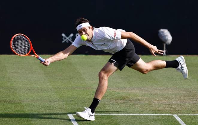 26th June 2025; Devonshire Park, Eastbourne, East Sussex, England; Lexus International Eastbourne, Day 4; Taylor Fritz (USA) plays a forehand shot against Marcos Giron (USA)  ActionPlus12805748 HongboxChen