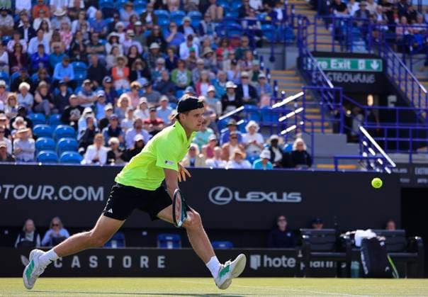 26th June 2025; Devonshire Park, Eastbourne, East Sussex, England; Lexus International Eastbourne, Day 4; Jakub Mensik (CZE) plays a forehand shot against Alejandro Davidovich Fokina (ESP)  ActionPlus12805657 HongboxChen