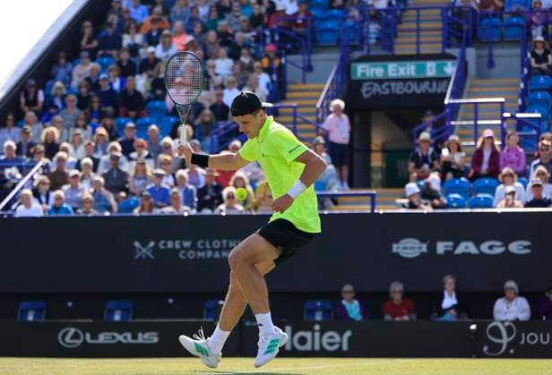 26th June 2025; Devonshire Park, Eastbourne, East Sussex, England; Lexus International Eastbourne, Day 4; Jakub Mensik (CZE) plays a forehand shot against Alejandro Davidovich Fokina (ESP)  ActionPlus12805658 HongboxChen