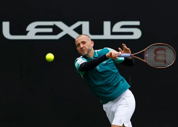 26th June 2025; Devonshire Park, Eastbourne, East Sussex, England; Lexus International Eastbourne, Day 4; Daniel Evans (GBR) plays a forehand shot against Jenson Brooksby (USA)  ActionPlus12805721 HongboxChen