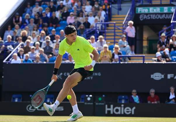 26th June 2025; Devonshire Park, Eastbourne, East Sussex, England; Lexus International Eastbourne, Day 4; Jakub Mensik (CZE) plays a forehand shot against Alejandro Davidovich Fokina (ESP)  ActionPlus12805659 HongboxChen