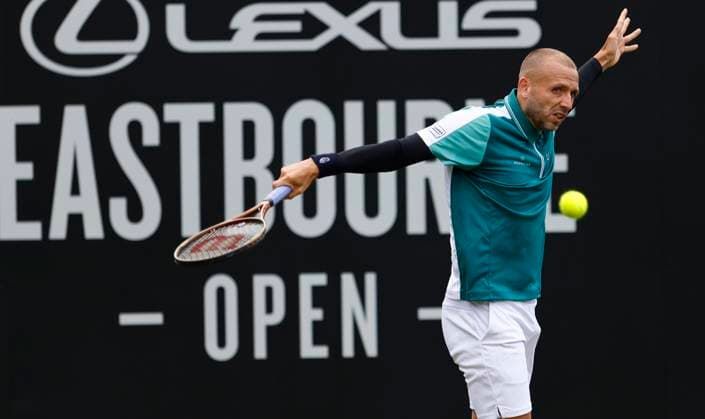 26th June 2025; Devonshire Park, Eastbourne, East Sussex, England; Lexus International Eastbourne, Day 4; Daniel Evans (GBR) plays a backhand shot against Jenson Brooksby (USA)  ActionPlus12805724 HongboxChen