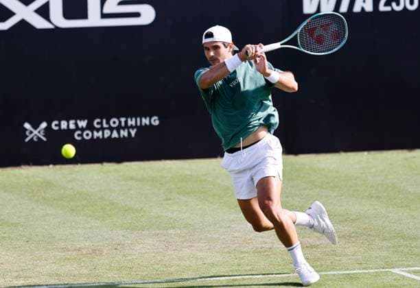 26th June 2025; Devonshire Park, Eastbourne, East Sussex, England; Lexus International Eastbourne, Day 4; Marcos Giron (USA) plays a forehand shot against Taylor Fritz (USA)  ActionPlus12805755 HongboxChen