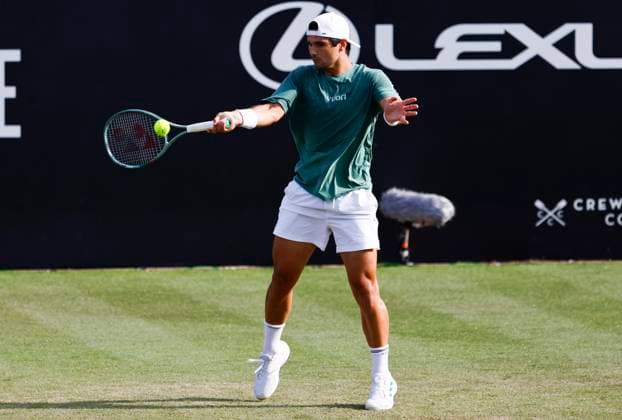 26th June 2025; Devonshire Park, Eastbourne, East Sussex, England; Lexus International Eastbourne, Day 4; Marcos Giron (USA) plays a forehand shot against Taylor Fritz (USA)  ActionPlus12805759 HongboxChen
