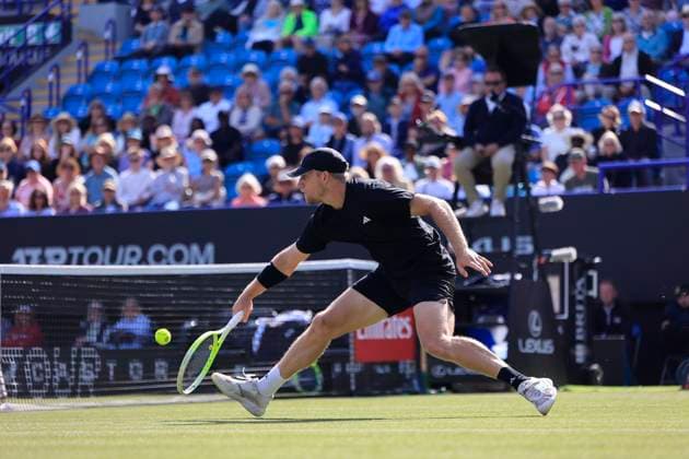 26th June 2025; Devonshire Park, Eastbourne, East Sussex, England; Lexus International Eastbourne, Day 4; Davidovich Fokina (ESP) plays a backhand shot against Alejandro Jakub Mensik (CZE)  ActionPlus12805667 HongboxChen