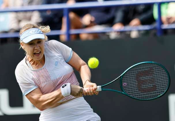 26th June 2025; Devonshire Park, Eastbourne, East Sussex, England; Lexus International Eastbourne, Day 4; Anna Blinkova plays a backhand shot against Maya joint (AUS)  ActionPlus12805734 HongboxChen