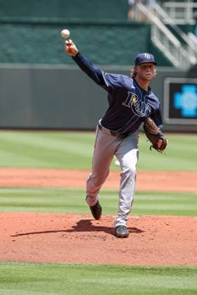 June 26, 2025: Tampa Bay Rays starting pitcher Shane Baz (11) warms up before the bottom of the first inning against the Kansas City Royals at Kauffman Stadium in Kansas City, MO. CSM Kansas City United States of America - ZUMAc04_ 20250626_zma_c04_004 Copyright: xDavidxSmithx