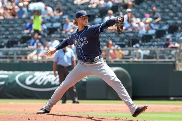 June 26, 2025: Tampa Bay Rays starting pitcher Shane Baz (11) pitches against the Kansas City Royals during the first inning at Kauffman Stadium in Kansas City, MO. CSM Kansas City United States of America - ZUMAc04_ 20250626_zma_c04_005 Copyright: xDavidxSmithx
