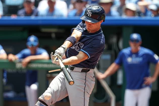 June 26, 2025: Tampa Bay Rays left fielder Jake Mangum (28) breaks his bat during the second inning against the Kansas City Royals at Kauffman Stadium in Kansas City, MO. CSM Kansas City United States of America - ZUMAc04_ 20250626_zma_c04_008 Copyright: xDavidxSmithx