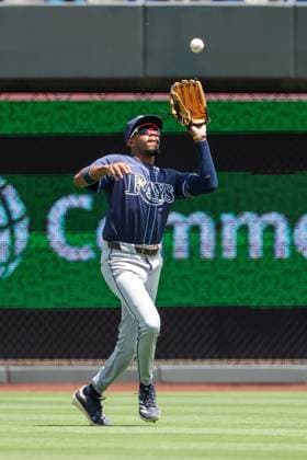 June 26, 2025: Tampa Bay Rays center fielder Chandler Simpson (14) catches a fly ball for an out on Kansas City Royals shortstop Bobby Witt Jr. (7) during the first inning at Kauffman Stadium in Kansas City, MO. CSM Kansas City United States of America - ZUMAc04_ 20250626_zma_c04_011 Copyright: xDavidxSmithx