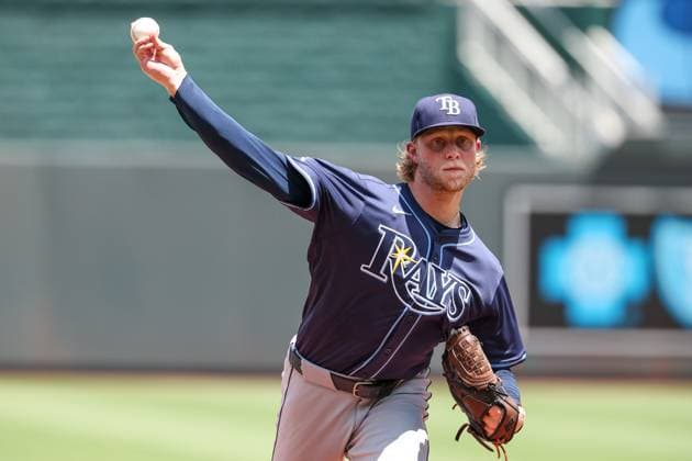 June 26, 2025: Tampa Bay Rays starting pitcher Shane Baz (11) warms up before the bottom of the first inning against the Kansas City Royals at Kauffman Stadium in Kansas City, MO. CSM Kansas City United States of America - ZUMAc04_ 20250626_zma_c04_013 Copyright: xDavidxSmithx