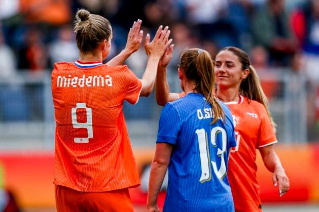 Vivianne Miedema of the Netherlands celebrates with teammates after scoring her teams first goal Netherlands v Finland, , Netherlands v Finland, Kooi Stadion, June 26, 2025, Leeuwarden, Netherlands.