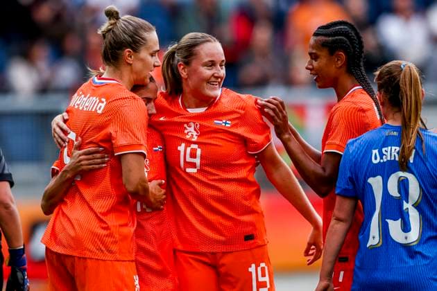 Vivianne Miedema of the Netherlands celebrates with teammates after scoring her teams first goal Netherlands v Finland, , Netherlands v Finland, Kooi Stadion, June 26, 2025, Leeuwarden, Netherlands.
