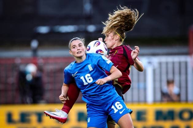 Greece?s Eleni Saich and Belgium s Janice Cayman fight for the ball during a friendly soccer game between the national teams of Belgium (Red Flames) and Greece, on Thursday 26 June 2025 in Brussels. The Flames are preparing for the UEFA Women s Euro 2025 tournament, starting next week. BRUNOxFAHY  x127866784x