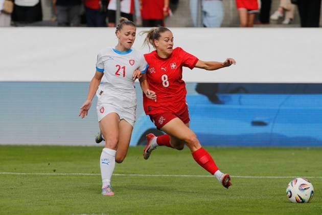 Women Switzerland Czech Republic Kristyna Ruzickova vs Nadine Riesen 26 06 2025 Winterthur, SWITZERLAND, Soccer Women Friendly Switzerland Czech Republic Kristyna Ruzickova li,Czech Republic vs Nadine Riesen Switzerland