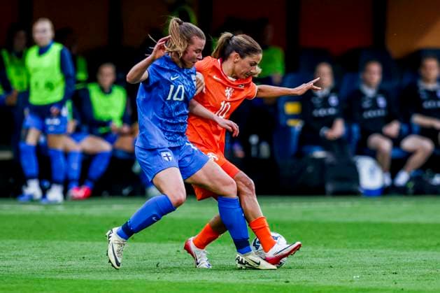 Danielle van de Donk of the Netherlands and Oona Siren of Finland battle for the ball Netherlands v Finland, , Netherlands v Finland, Kooi Stadion, June 26, 2025, Leeuwarden, Netherlands.