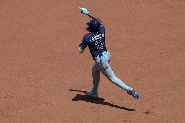 June 26, 2025: Tampa Bay Rays third baseman Junior Caminero (13) reacts to his sixth inning solo home run against the Kansas City Royals at Kauffman Stadium in Kansas City, MO. CSM Kansas City United States of America - ZUMAc04_ 20250626_zma_c04_025 Copyright: xDavidxSmithx