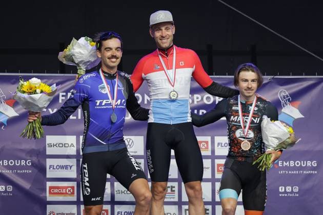 Podium Elite without contract Charel Meyers, Tim Diederich, Tom Paquet 26 06 2025 Cycling, Velo, Season 2025 26 06 2025 National Championships, Time Trial Contre la Montre Mertzig