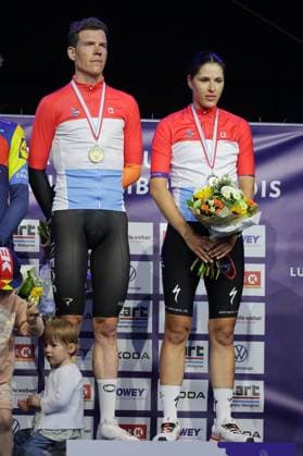 Podium Elite Bob Jungels, Marie Schreiber 26 06 2025 Cycling, Velo, Season 2025 26 06 2025 National Championships, Time Trial Contre la Montre Mertzig