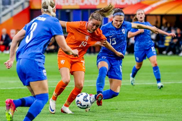 Wieke Kaptein of the Netherlands and Natalia Kuikka of Finland battle for the ball Netherlands v Finland, , Netherlands v Finland, Kooi Stadion, June 26, 2025, Leeuwarden, Netherlands.