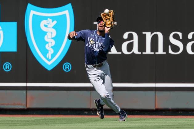 June 26, 2025: Tampa Bay Rays center fielder Chandler Simpson (14) catches a fly ball for an out on Kansas City Royals shortstop Bobby Witt Jr. (7) during the ninth inning at Kauffman Stadium in Kansas City, MO. CSM Kansas City United States of America - ZUMAc04_ 20250626_zma_c04_046 Copyright: xDavidxSmithx