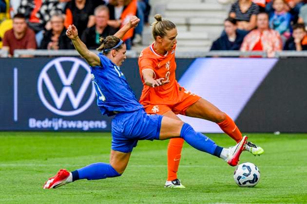 Vivianne Miedema of the Netherlands dribbles with the ball under pressure Netherlands v Finland, , Netherlands v Finland, Kooi Stadion, June 26, 2025, Leeuwarden, Netherlands.