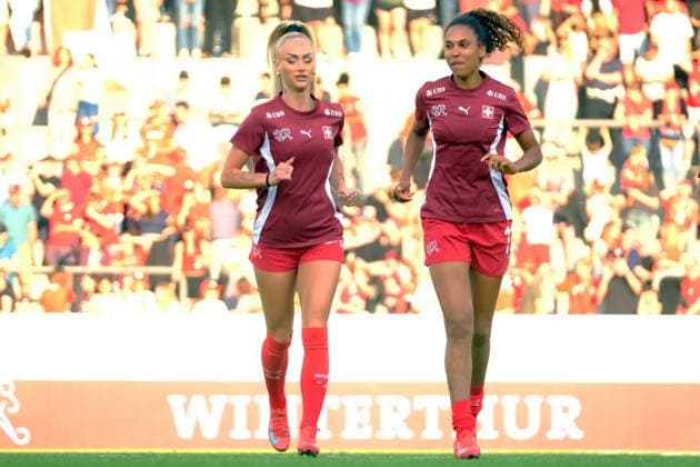 Switzerland 23 Alisha Lehmann (Juventus, ITA) and 11 Coumba Sow after the match - Friendy Switzerland vs Czeck Republic Winterthur Schützenwiese Zürich Schweiz Copyright: xSergioxBrunettix