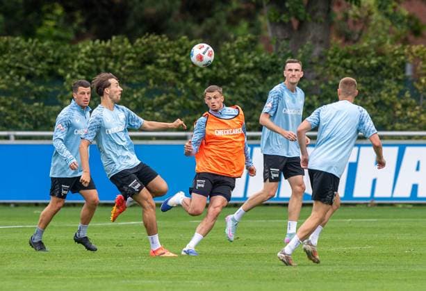 Football, Men, Season 2025 26, 2 Bundesliga, Hertha BSC, Training, f l Diego Demme Hertha BSC , Tim Hoffmann Hertha BSC , Michael Cuisance Hertha BSC , Niklas Kolbe Hertha BSC , Palko Dardai Hertha BSC , 27 06 2025, Copyright: xSebastianxRäppold MatthiasxKochx
