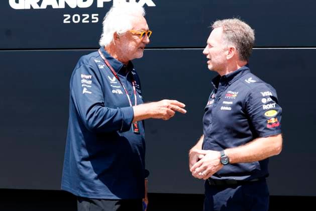 27 06 2025, xsvx, Motorsport FIA Formula 1, Austrian Grand Prix v l Special Advisor Flavio Briatore BWT Alpine F1 Team Team Principal Christian Horner Oracle Red Bull Racing FIA REGULATIONS PROHIBIT ANY USE OF PHOTOGRAPHS as IMAGE SEQUENCES and or QUASI VIDEO Zeltweg Spielberg