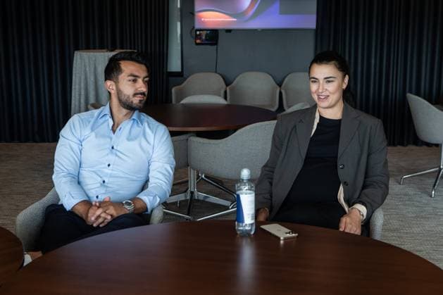 250627 Malmö FFs assistant sports director Maxim Khalil and Zecira Musovic during a press conference with Malmö FF where she is presented as a new acquisition on June 27, 2025 in Malmö  Copyright: MATSxJAVERUD BB250627BB261