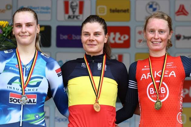 Belgian Marthe Goossens, Belgian Lotte Kopecky and Belgian Lotte Claes pictured on the podium after the women s elite individual time trial of the Belgian Cycling Championships, 20,1km, in Brasschaat, on . DAVIDxPINTENS  x127925171x