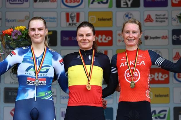 Belgian Marthe Goossens, Belgian Lotte Kopecky and Belgian Lotte Claes pictured on the podium after the women s elite individual time trial of the Belgian Cycling Championships, 20,1km, in Brasschaat, on . DAVIDxPINTENS  x127925185x