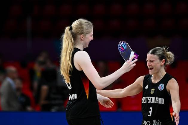 Turkey v Germany ,Fiba Women Eurobasket 2025 Frieda Buhner 20 of Germany and celebrate her MVP Award with Alexandra Wilke 3 of Germany for a Fiba Women Eurobasket 2025 game against Turkey at Peace and Friendship Arena in Piraeus , Greece on 27 June of 2025 Piraeus Attiki Greece Copyright: xXenophonxKarakalosx