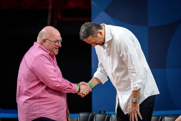 Basketball Piraeus 27 06 2025 FIBA Women™s Eurobasket 2025 placement match Turkey TUR Germany GER DBB President Ingo Weiss with Hidayet Türkoglu, President of the Turkish Basketball Federation