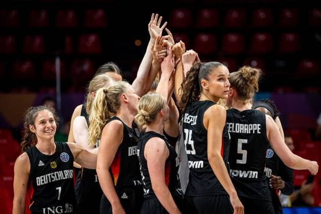 Basketball Piraeus 27 06 2025 FIBA Women™s Eurobasket 2025 placement match Turkey TUR Germany GER Cheering Germany after the victory Huddle Team and others