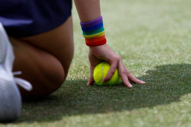 27th June 2025; Devonshire Park, Eastbourne, East Sussex, England; Lexus International Eastbourne, Day 5; A ball boy wears a LGBTQ support wrist band in the womens singles semi-final match  ActionPlus12805839 HongboxChen