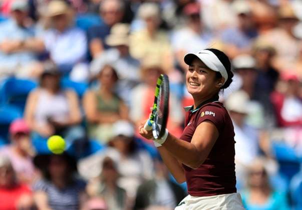 27th June 2025; Devonshire Park, Eastbourne, East Sussex, England; Lexus International Eastbourne, Day 5; Alexandra Eala (PHI) plays a forehand shot against Varvara Gracheva (FRA) in the womens singles semi-final match  ActionPlus12805805 HongboxChen