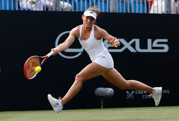 27th June 2025; Devonshire Park, Eastbourne, East Sussex, England; Lexus International Eastbourne, Day 5; Varvara Gracheva (FRA) plays a forehand shot against Alexandra Eala (PHI) in the womens singles semi-final match  ActionPlus12805857 HongboxChen