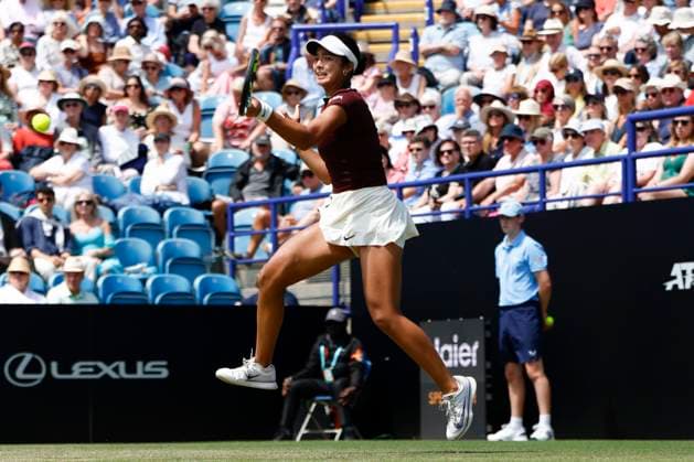 27th June 2025; Devonshire Park, Eastbourne, East Sussex, England; Lexus International Eastbourne, Day 5; Alexandra Eala (PHI) plays a forehand shot against Varvara Gracheva (FRA) in the womens singles semi-final match  ActionPlus12805859 HongboxChen