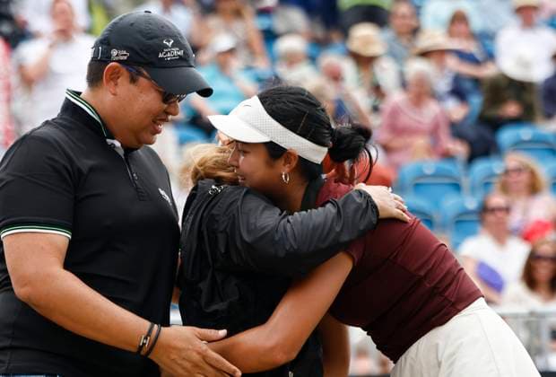 27th June 2025; Devonshire Park, Eastbourne, East Sussex, England; Lexus International Eastbourne, Day 5; Alexandra Eala (PHI) celebrates her win with her family over Varvara Gracheva (FRA) after the womens singles semi-final match  ActionPlus12805878 HongboxChen