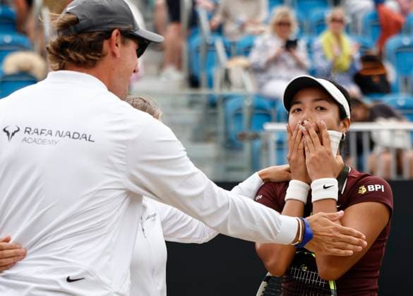 27th June 2025; Devonshire Park, Eastbourne, East Sussex, England; Lexus International Eastbourne, Day 5; Alexandra Eala (PHI) celebrates her win with her coach over Varvara Gracheva (FRA) after the womens singles semi-final match  ActionPlus12805879 HongboxChen