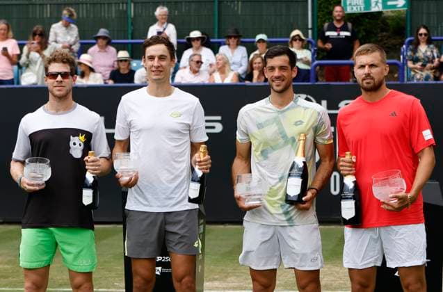 27th June 2025; Devonshire Park, Eastbourne, East Sussex, England; Lexus International Eastbourne, Day 5; The Doubles winner Julian Cash (GBR) and Lloyd Glasspool (GBR) pose photos with the runner up Ariel Behar (URU) and Joran Vliegen (BEL)  ActionPlus12805881 HongboxChen