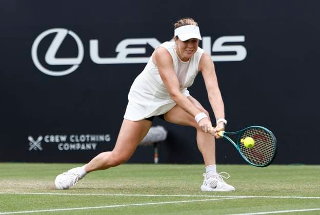 27th June 2025; Devonshire Park, Eastbourne, East Sussex, England; Lexus International Eastbourne, Day 5; Anastasia Pavlyuchenkova plays a backhand shot against Maya joint (AUS) during their womens singles semi-final match  ActionPlus12805884 HongboxChen