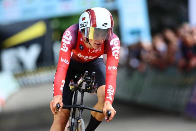 Belgian Alec Segaert of Lotto Cycling Team pictured in action during the men s elite individual time trial of the Belgian Cycling Championships, 40,2km, in Brasschaat, on Friday 27 June 2025. DAVIDxPINTENS  x127942420x