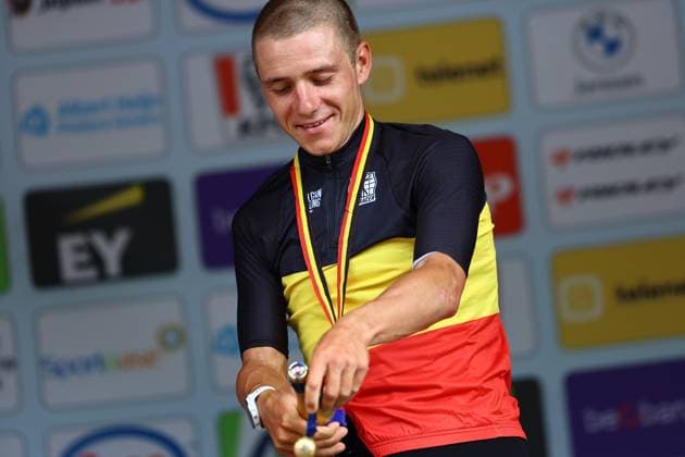 Belgian Remco Evenepoel of Soudal Quick-Step pictured on the podium after winning the men s elite individual time trial of the Belgian Cycling Championships, 40,2km, in Brasschaat, on Friday 27 June 2025. DAVIDxPINTENS  x127945856x