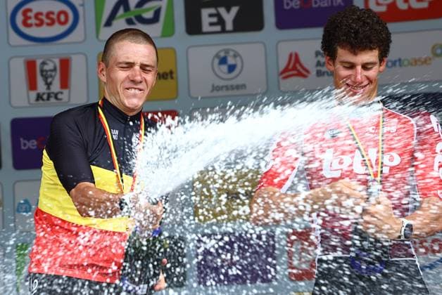 Belgian Remco Evenepoel of Soudal Quick-Step and Belgian Alec Segaert of Lotto Cycling Team pictured on the podium after the men s elite individual time trial of the Belgian Cycling Championships, 40,2km, in Brasschaat, on Friday 27 June 2025. DAVIDxPINTENS  x127946270x