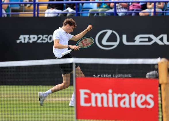 27th June 2025; Devonshire Park, Eastbourne, East Sussex, England; Lexus International Eastbourne, Day 5; Ugo Humbert (FRA) celebrates in the mens semi-finals match against Jensen Brooksby (USA)  ActionPlus12805982 HongboxChen
